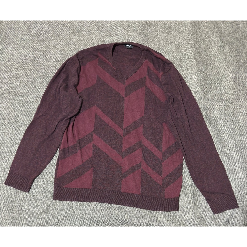 Alfani Mens XXL Sweater V-Neck Geometric Chevron Cotton Burgundy